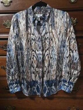 Chico's Blue and Brown Snake-Print Button-Down Blouse Small